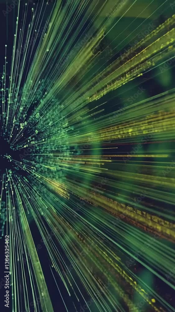 Poster bright lines of green and yellow burst outward in a dynamic digital abstract representation of speed