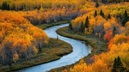 Aerial view of a serene river winding through a dense forest with vibrant autumn foliage in shades of red, orange, and yellow. Peaceful natural scenery with seasonal colors. Generative AI