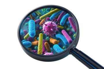 Magnifying Glass Reveals Colorful Bacteria Viruses Microbes, isolated on transparent background