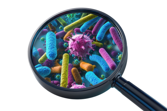Magnifying Glass Reveals Colorful Bacteria Viruses Microbes, isolated on transparent background - Powered by Adobe