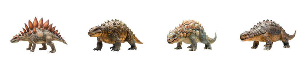 Fototapeta premium Four diverse dinosaurs: stegosaurus, ankylosaurus, nodosaurs variants displayed. Set png cut out
