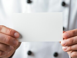 Chef holding blank card with copy space in uniform