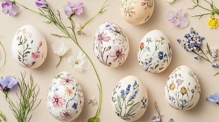 Fototapeta premium Floral Painted Eggshells in Watercolor Style with Natural Elements