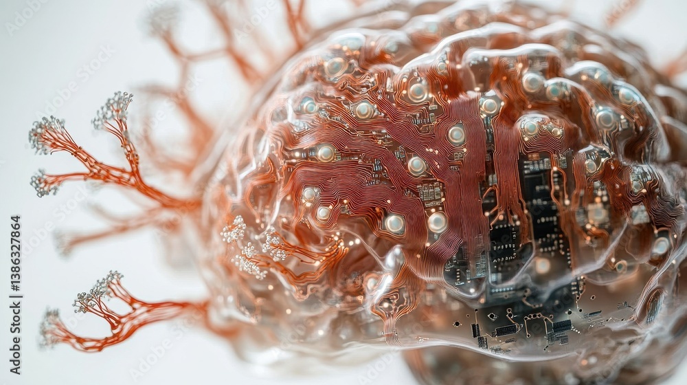 Poster human-like brain formed from electronic circuits and artificial components sits atop a circuit board
