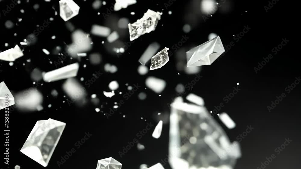 Poster shimmering crystals captured in motion against a dark background with dynamic lighting effects