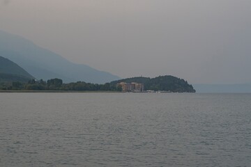 Beautiful view of Lake Ohrid in Macedonia at sunrise. Mountain landscape.