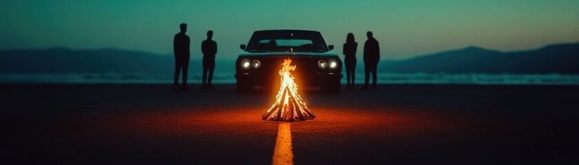Group by a campfire near a vintage car at dusk by the beach.