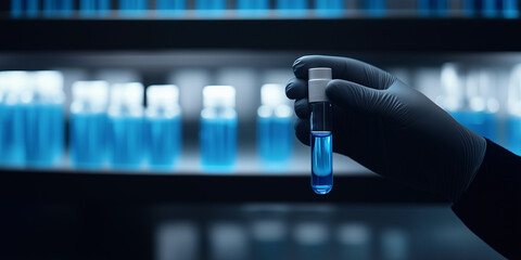 Laboratory Experiment: A gloved hand delicately holds a test tube filled with vibrant blue liquid against a backdrop of lab equipment, symbolizing the heart of scientific innovation and discovery.