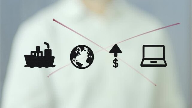 Businessman drawing and crossing out icons representing a cargo ship. The world. An arrow pointing up with a dollar sign. And a laptop. Symbolizing the removal of import tariffs for online businesses