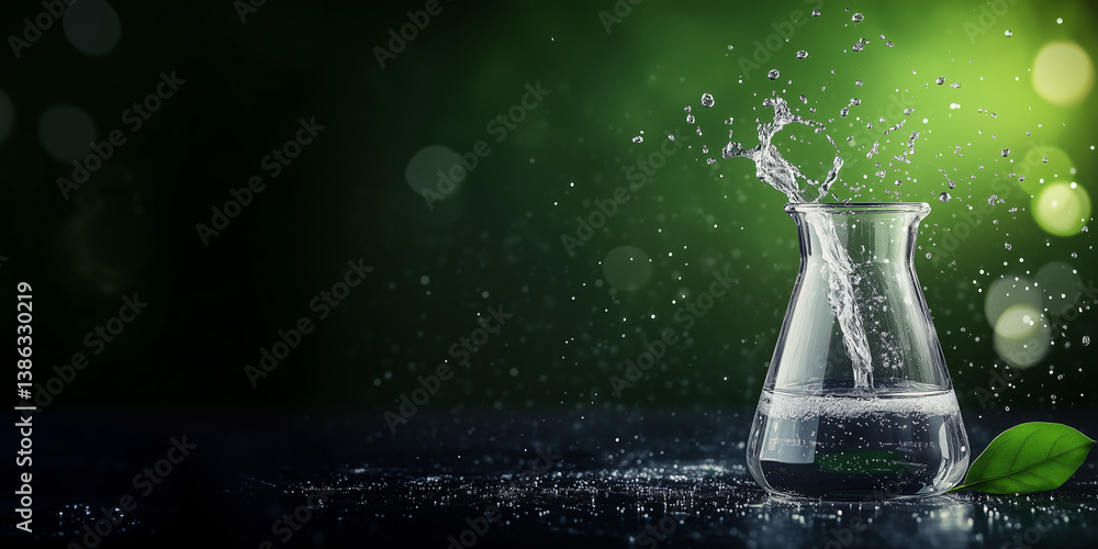 Poster water splash in laboratory flask: a laboratory flask filled with clear liquid experiencing a dynamic