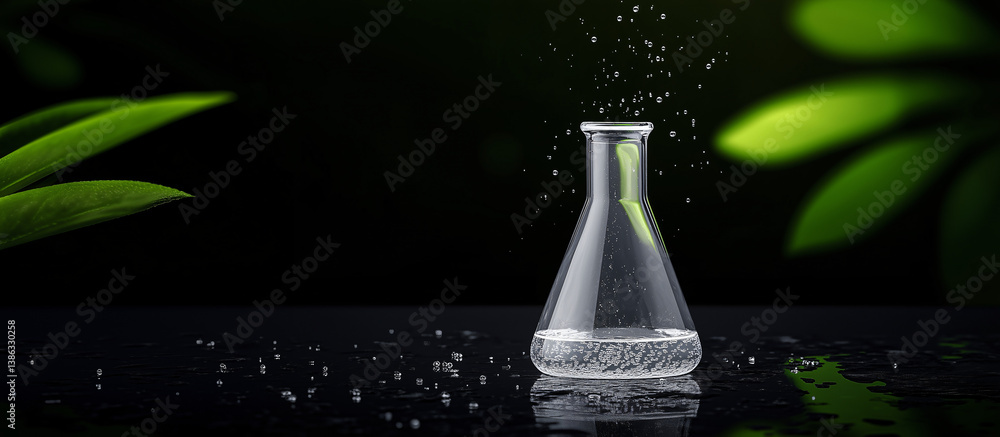 Poster scientific purity: a visually striking image capturing a pristine glass flask filled with a clear li