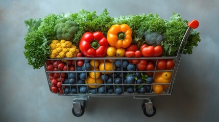 Fresh Produce in a Shopping Cart A Vibrant Display of Healthy Vegetables and Fruits for Nutrit