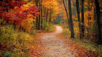 Obraz premium Pathway through a forest with trees and leaves in vibrant red, orange, and yellow autumn colors. Warm sunlight filters through creating a picturesque fall landscape. Generative AI