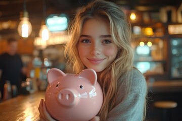 Obraz premium Young woman holds pink piggy bank; blurred bar background lights glow softly