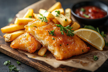 Plate of fish and chips, topped with fresh parsley, lemon wedge, and side of ketchup.