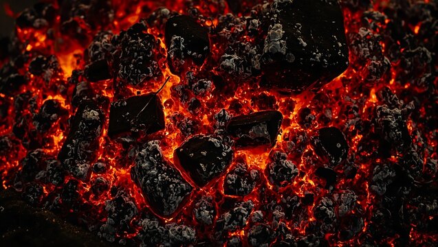 Vivid close up of fiery embers and charcoal contrasting reds and oranges against black ash creating a dramatic backdrop