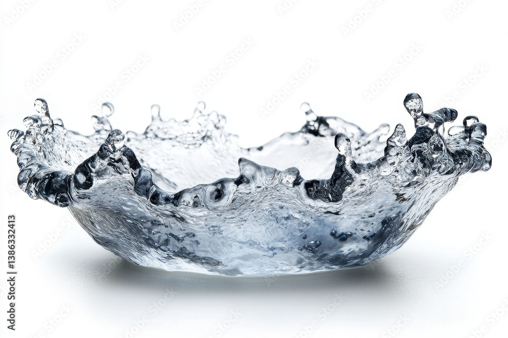 Poster Water splash creating ripples in a calm surface, showcasing droplets and dynamic motion captured in a bright, airy setting
