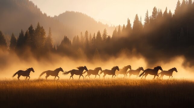 Majestic horses galloping through misty forest at sunrise