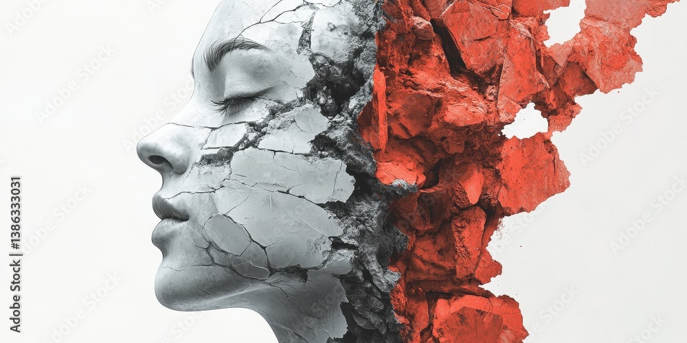 Leinwandbilder Artwork depicting a woman's profile blending with abstract colors and shapes, capturing emotion and creativity in a modern art style