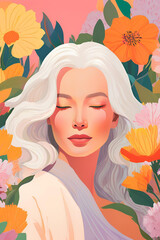 Peaceful Woman with White Hair Standing in Flower Garden