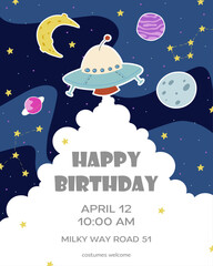 Children birthday invitation template. Space illustration in flat doodle style. UFO launching concept for banner, poster or card. Colorful composition for kids