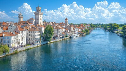 Obraz premium Scenic Riverfront Cityscape in France: A Summer's Day in a Charming Town
