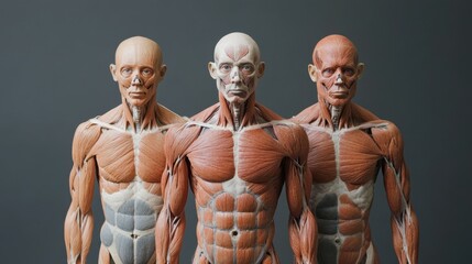 Human anatomy, muscular system, and three people without skin