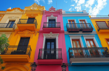 Pastel-colored buildings with iron balconies in Elv, Spain