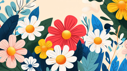 Obraz premium Stylized flat illustration of colorful spring flowers with daisy-like shapes and vibrant petals in red, white, yellow