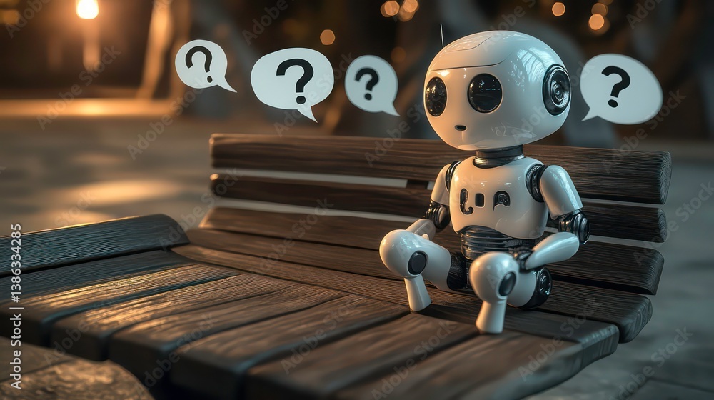 Poster a small, white robot sits on a wooden bench, contemplating several question mark speech bubbles. it'
