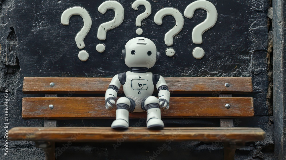 Poster a small, white robot sits on a wooden bench, contemplating several question mark speech bubbles. it'