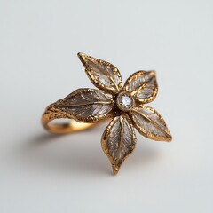 Naklejka premium Elegant Handcrafted Gold Floral Ring: Nature-Inspired Jewelry with Gemstone and Leaf Design - Fine Vintage Accessories for Women