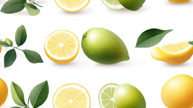 Vibrant Citrus Fruit Background: Fresh Lemon, Lime, and Orange Slices with Leaves - Organic and Juicy Mood Boosting Design
