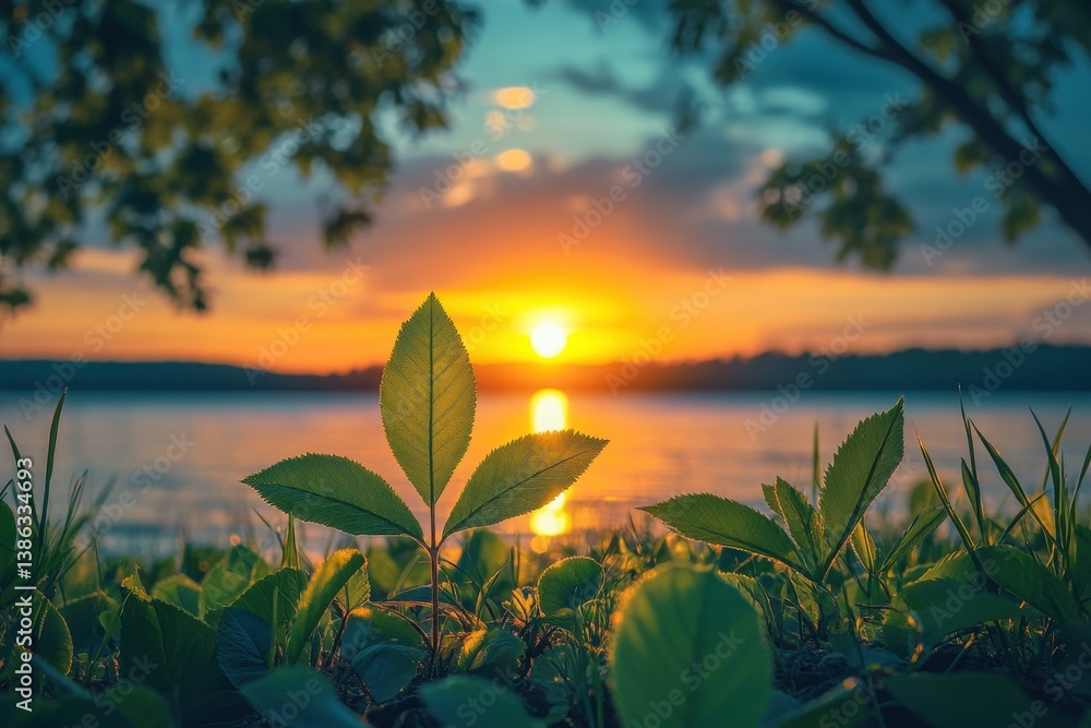 Poster sunset view over the calm lake with lush greenery in the foreground and vibrant colors filling the s