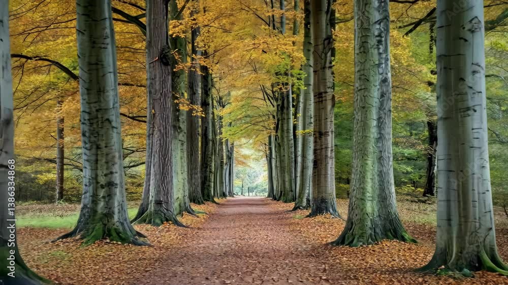 Poster beautiful autumn pathway through vibrant trees in a serene forest setting during midday