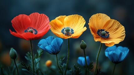 Obraz premium Vibrant Trio: Red, Yellow, and Blue Poppies in a Garden
