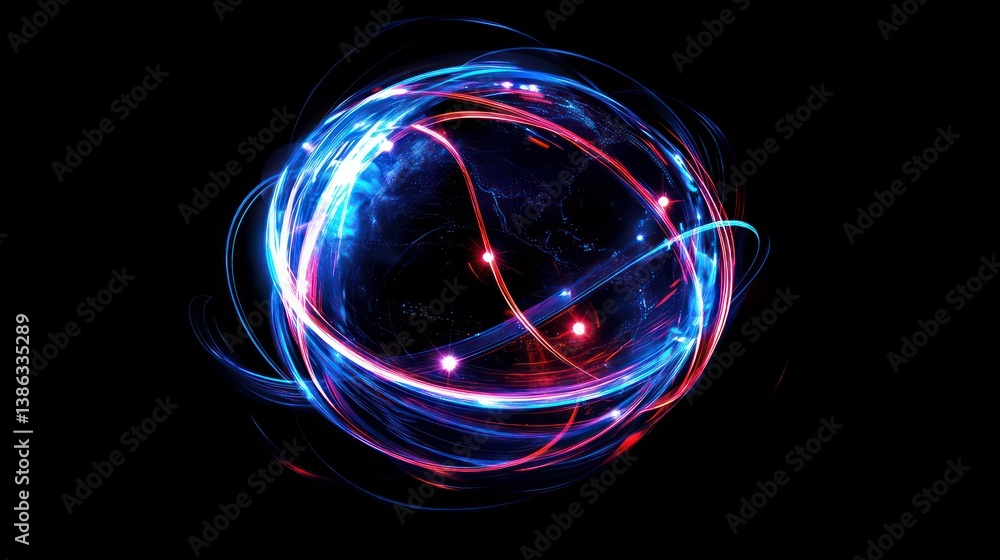 Poster a digital globe is illuminated with bright blue and red light streaks orbiting around it. the image 