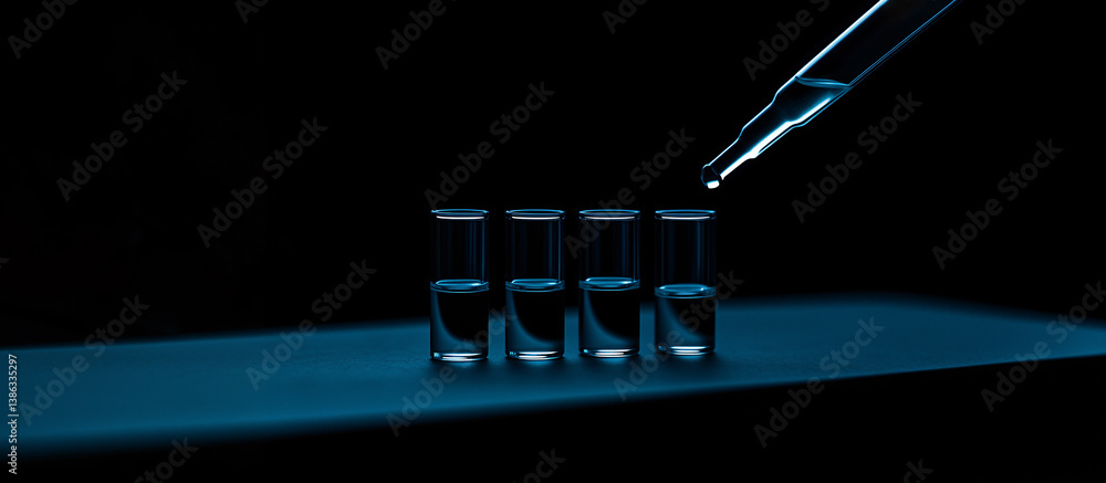 Poster science in a darkroom: a compelling visual of precision and research, showcasing a pipette adding a 