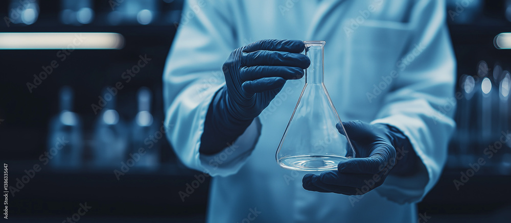Poster scientist and lab flask: a focused scientist in a sterile lab environment carefully examines a lab f