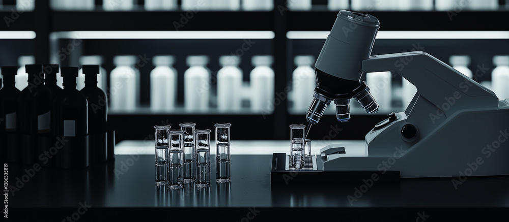 Poster microscope in laboratory: a close-up shot of a gleaming microscope, reflecting the meticulous precis