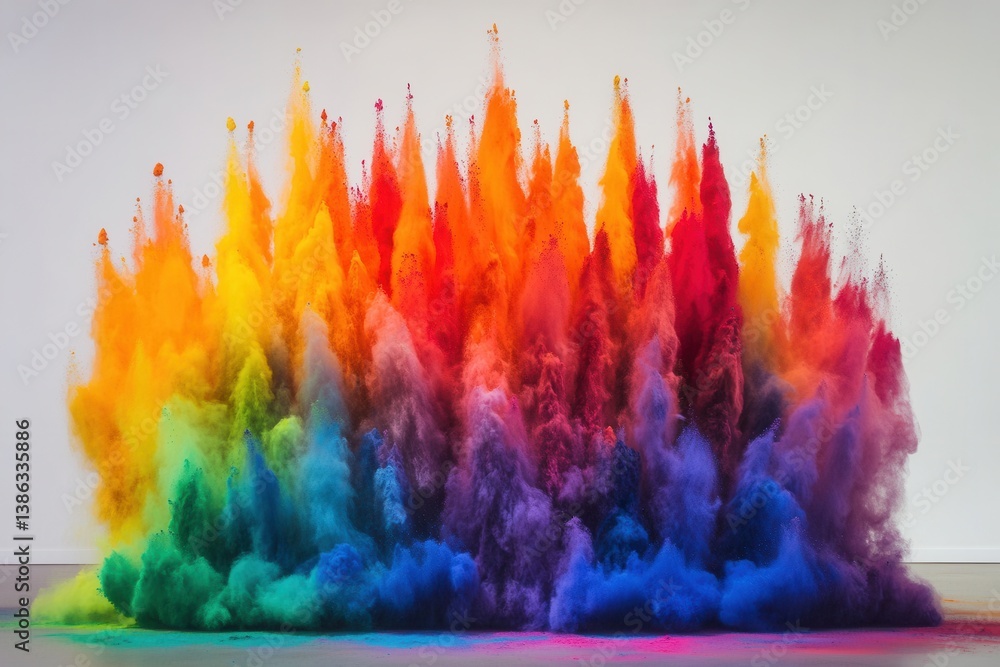 Poster Colorful powder explosion creating a vibrant display in an indoor gallery setting during a bright and lively art event