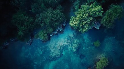 Obraz premium Aerial view of lush green forest and turquoise blue river