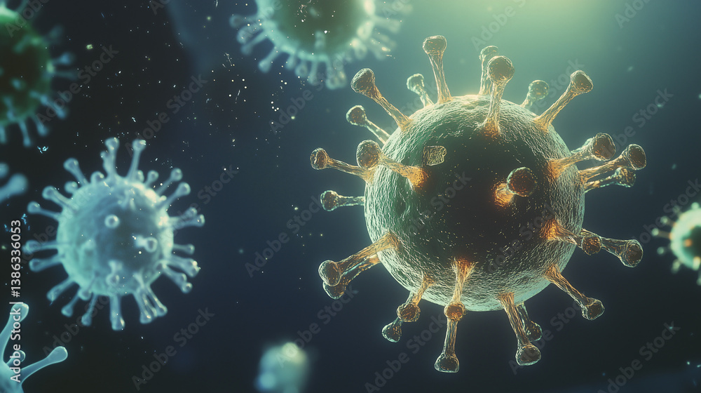 Poster microscopic menace: an artistic depiction of a cluster of ominous virus cells. each microscopic enti