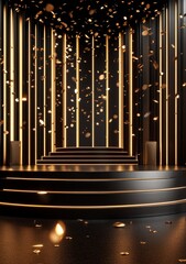 Obraz premium Elegant Golden Stage Set in Studio with Modern Lighting: Luxurious Celebration Backdrop for Festive Events and Professional Presentations