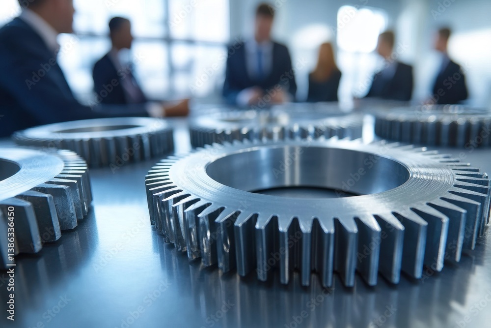 Poster gears and professionals discussing engineering solutions at a business meeting in a modern office en