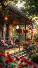 Rustic American house porch adorned with flowers and flag, captured in warm afternoon light