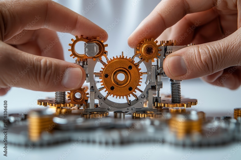 Poster collaboration on intricate mechanical assembly takes place indoors, showcasing precision and focus a