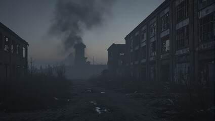 Eerie twilight scene of abandoned industrial site with broken windows dilapidated structures and dark smoke   a haunting vision of decay