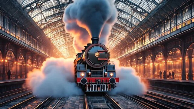 Vintage steam train entering grand station