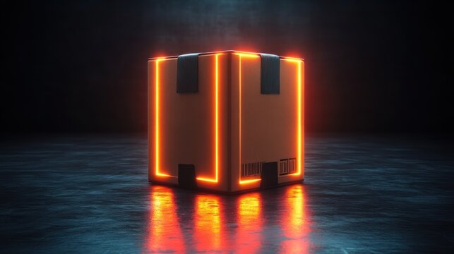Glowing Neon Box in Dark Environment Futuristic Packaging Design with Illuminated Edges for Te